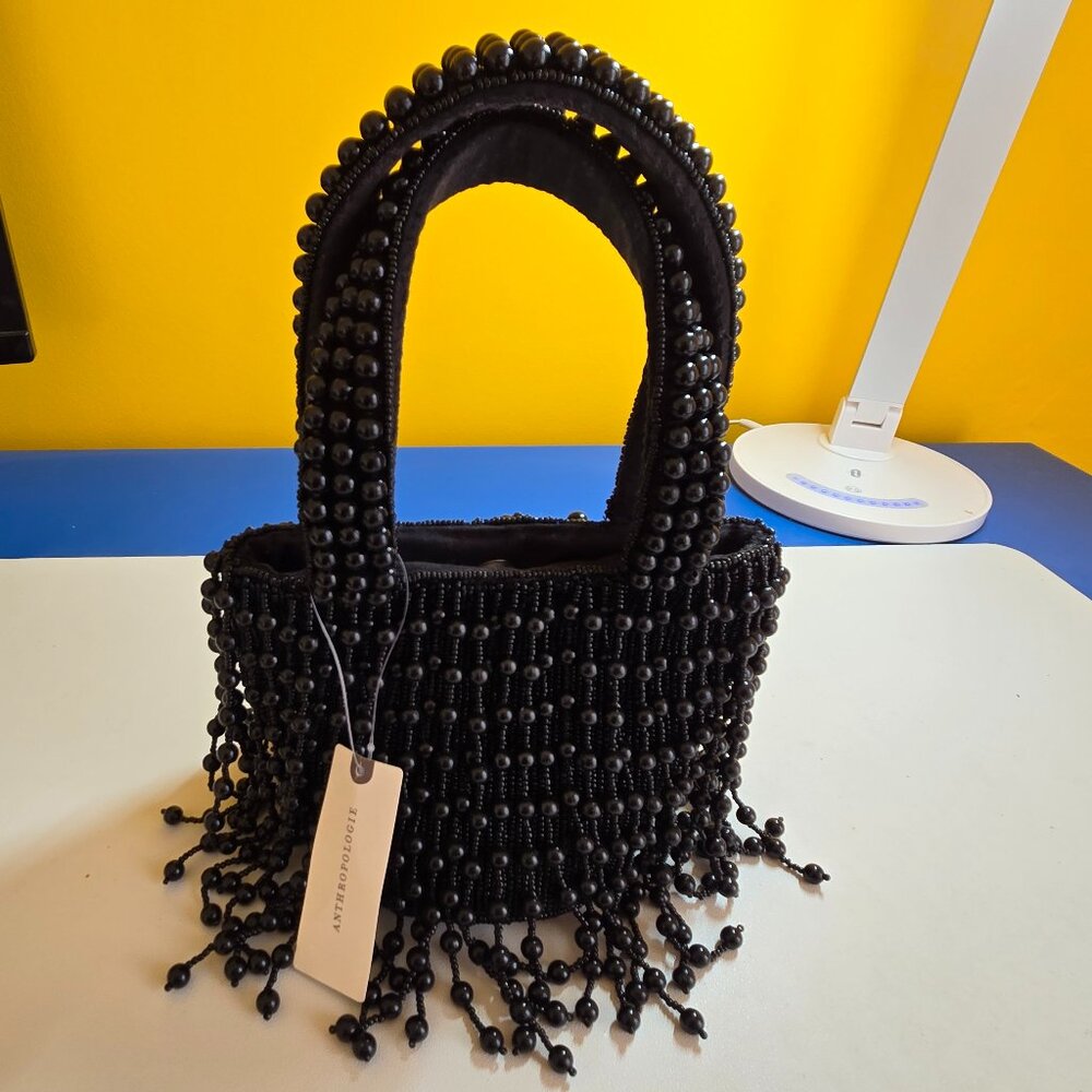 Anthropologie Beaded Fringe Mini Bag In Black